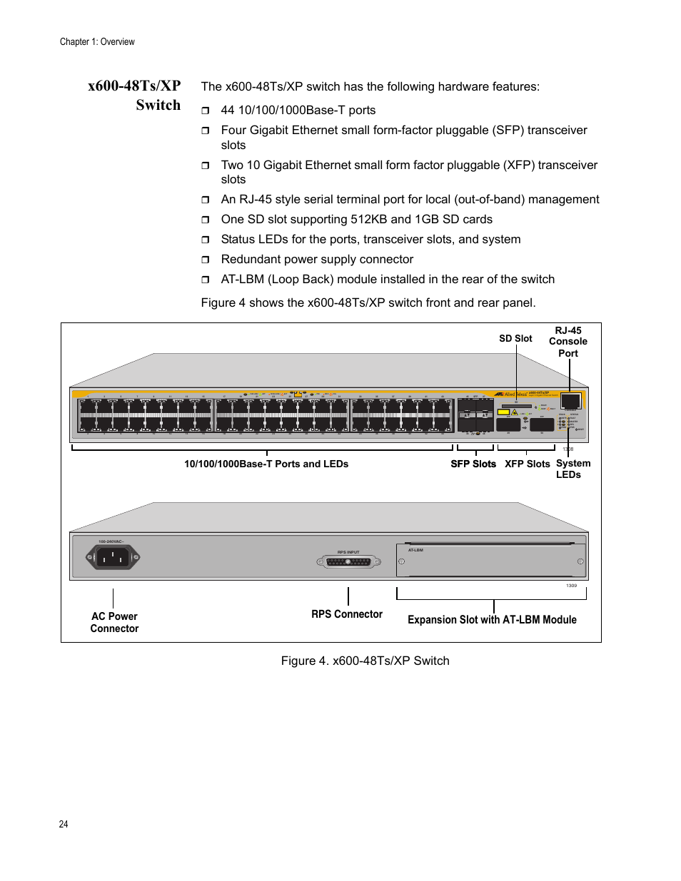 X600-48ts/xp switch, Figure 4. x600-48ts/xp switch, One sd slot supporting 512kb and 1gb sd cards | Redundant power supply connector, Expansion slot with at-lbm module, Ac power connector, Rps connector, Chapter 1: overview 24, Class 1 laser product, System | Allied Telesis Layer 3 Gigabit Ethernet Switch x600-24Ts-POE User Manual | Page 24 / 110