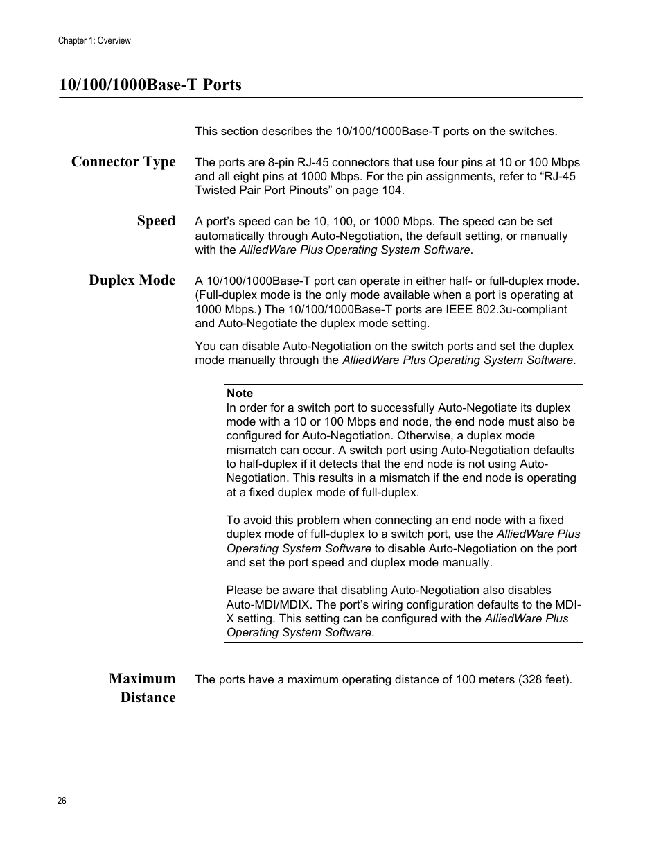 10/100/1000base-t ports, Connector type, Speed | Duplex mode, Maximum distance, Connector type speed duplex mode maximum distance | Allied Telesis Layer 3 Gigabit Ethernet Switch x600-24Ts-POE User Manual | Page 26 / 110