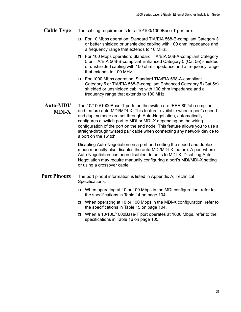 Cable type, Auto-mdi/ mdi-x, Port pinouts | Cable type auto-mdi/mdi-x port pinouts | Allied Telesis Layer 3 Gigabit Ethernet Switch x600-24Ts-POE User Manual | Page 27 / 110