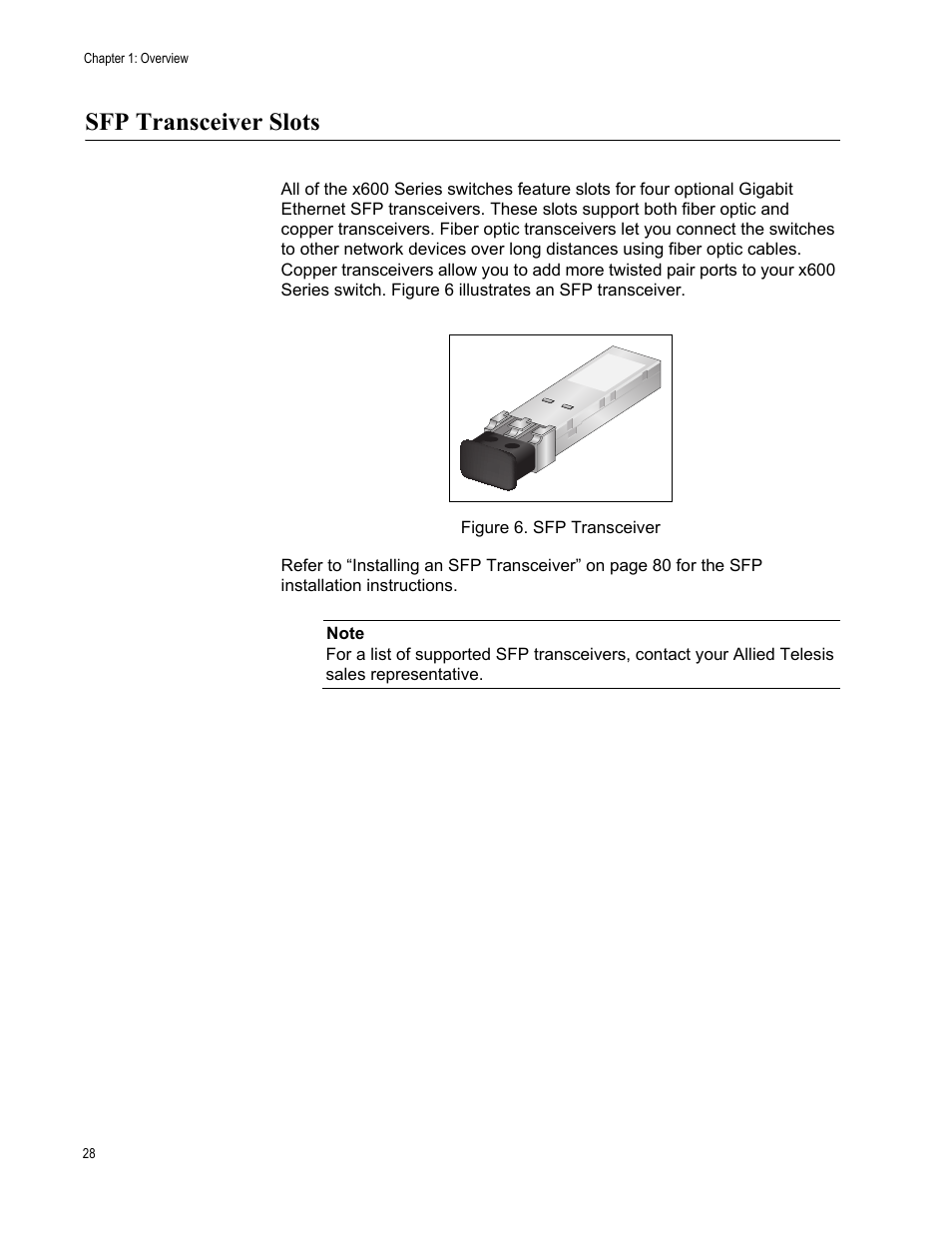 Sfp transceiver slots, Figure 6. sfp transceiver | Allied Telesis Layer 3 Gigabit Ethernet Switch x600-24Ts-POE User Manual | Page 28 / 110