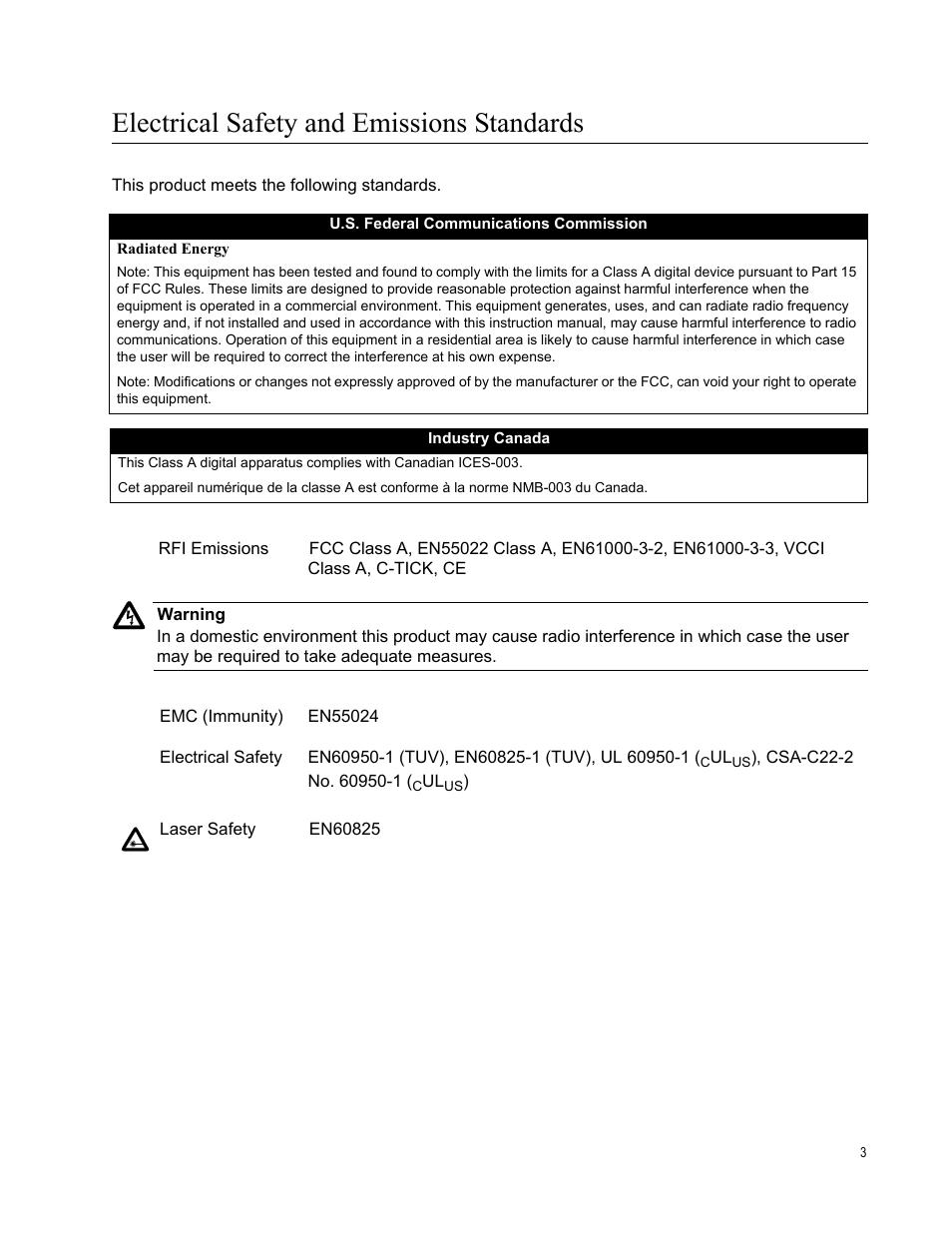 Electrical safety and emissions standards | Allied Telesis Layer 3 Gigabit Ethernet Switch x600-24Ts-POE User Manual | Page 3 / 110