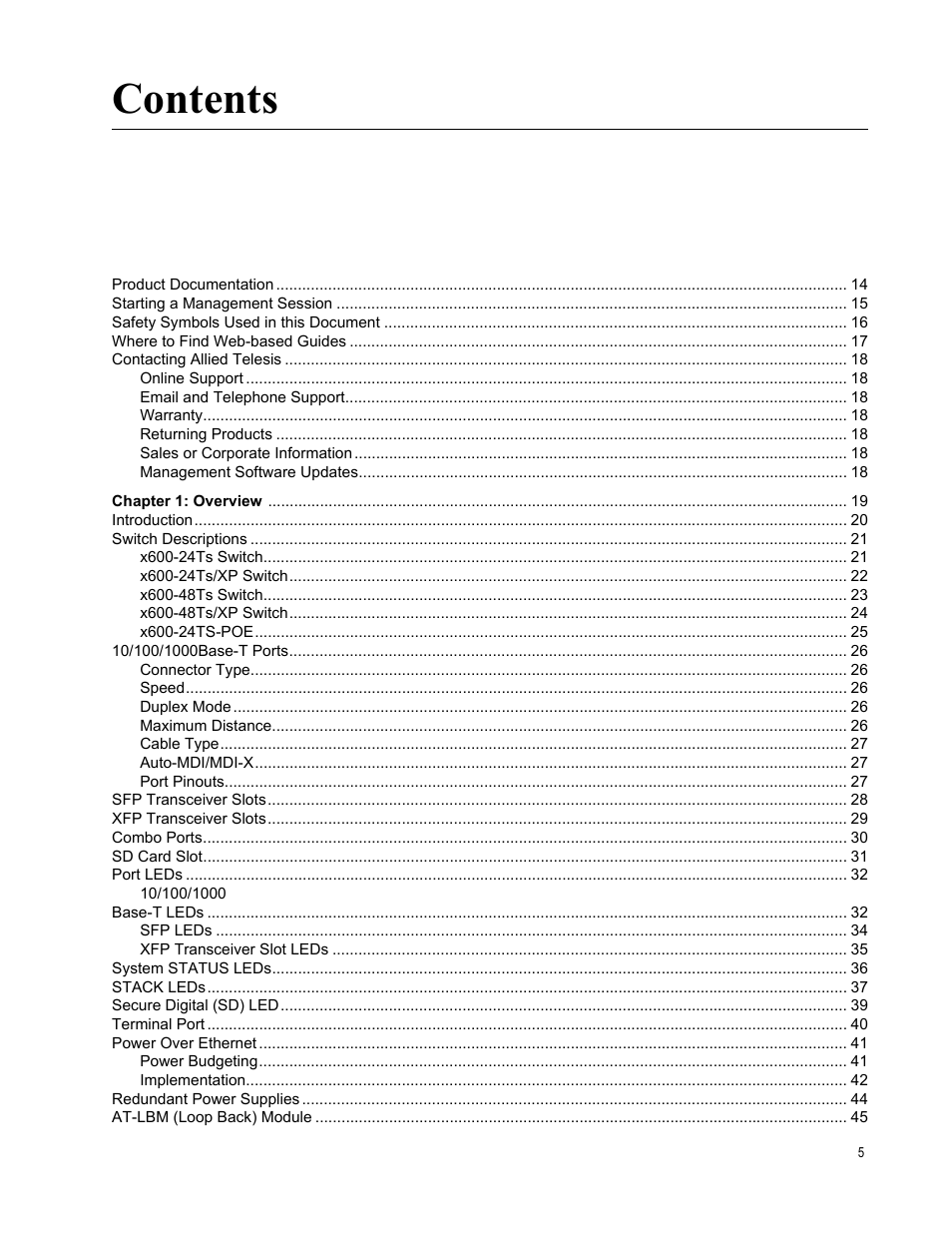 Allied Telesis Layer 3 Gigabit Ethernet Switch x600-24Ts-POE User Manual | Page 5 / 110