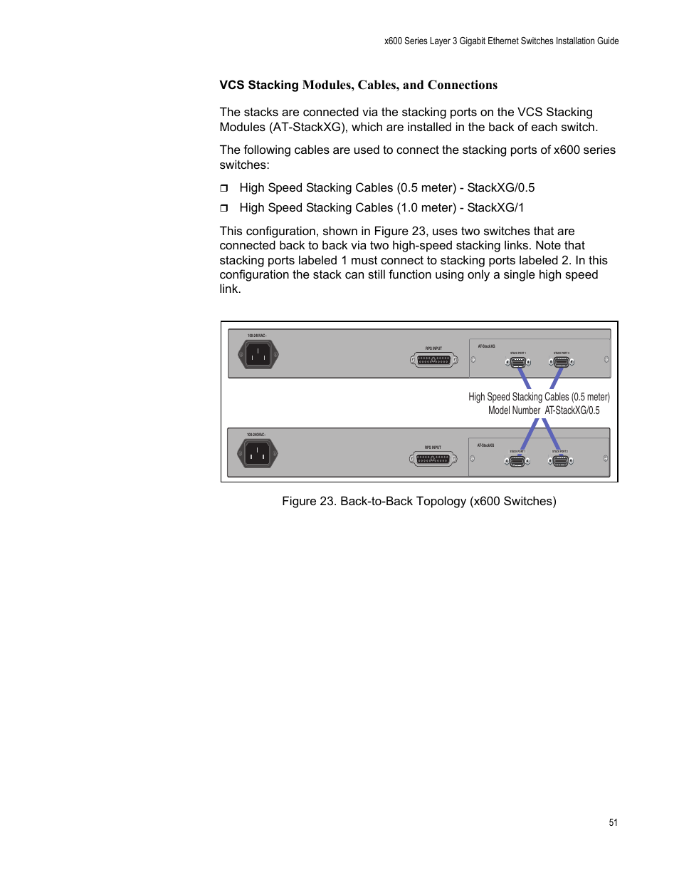 Figure 23. back-to-back topology (x600 switches), Modules, cables, and connections, Vcs stacking | Allied Telesis Layer 3 Gigabit Ethernet Switch x600-24Ts-POE User Manual | Page 51 / 110