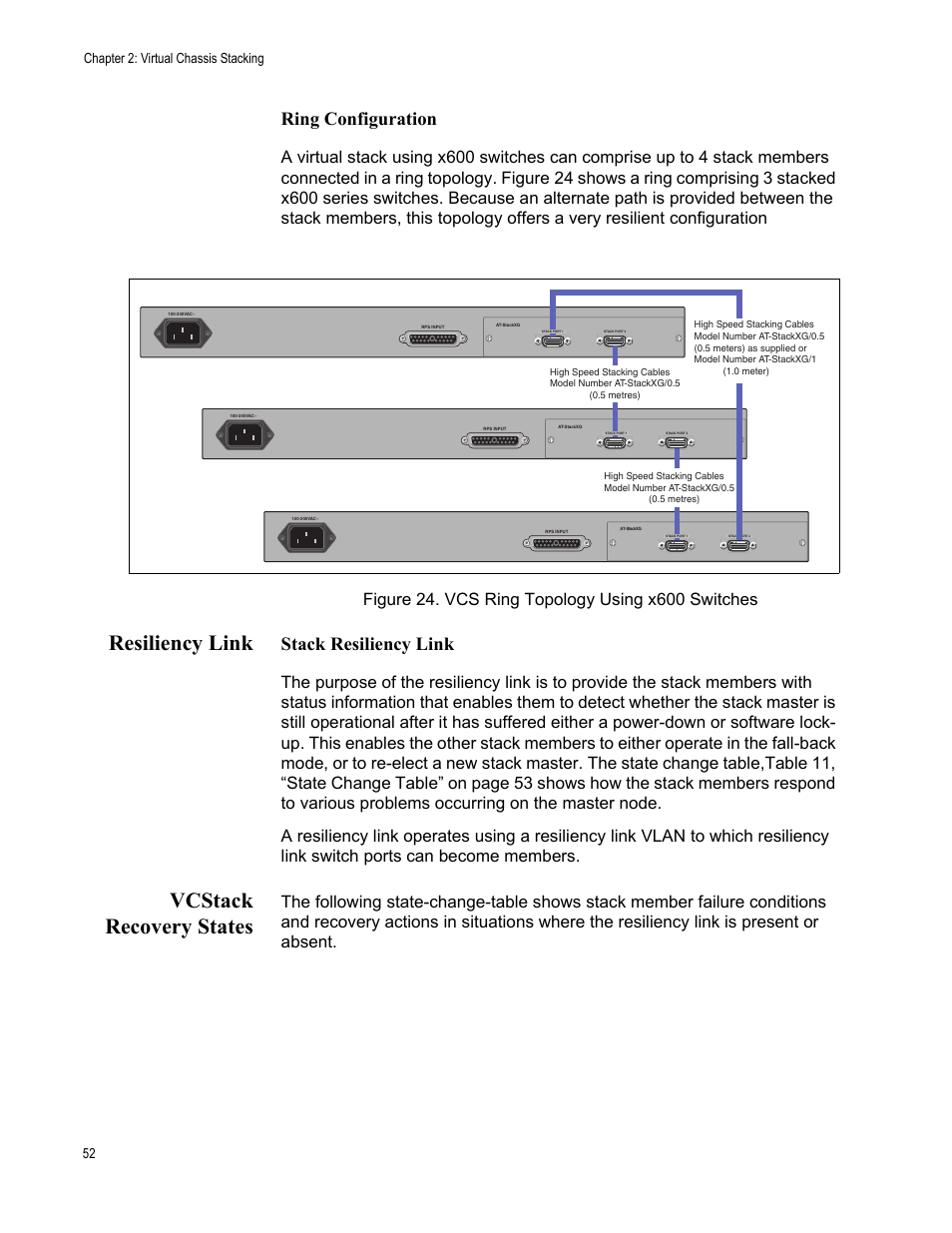 Resiliency link, Vcstack recovery states, Resiliency link vcstack recovery states | Figure 24. vcs ring topology using x600 switches, Ring configuration, Stack resiliency link, Chapter 2: virtual chassis stacking 52 | Allied Telesis Layer 3 Gigabit Ethernet Switch x600-24Ts-POE User Manual | Page 52 / 110