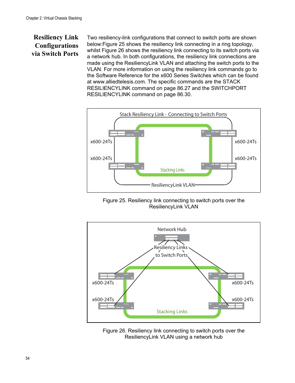 Resiliency link configurations via switch ports | Allied Telesis Layer 3 Gigabit Ethernet Switch x600-24Ts-POE User Manual | Page 54 / 110
