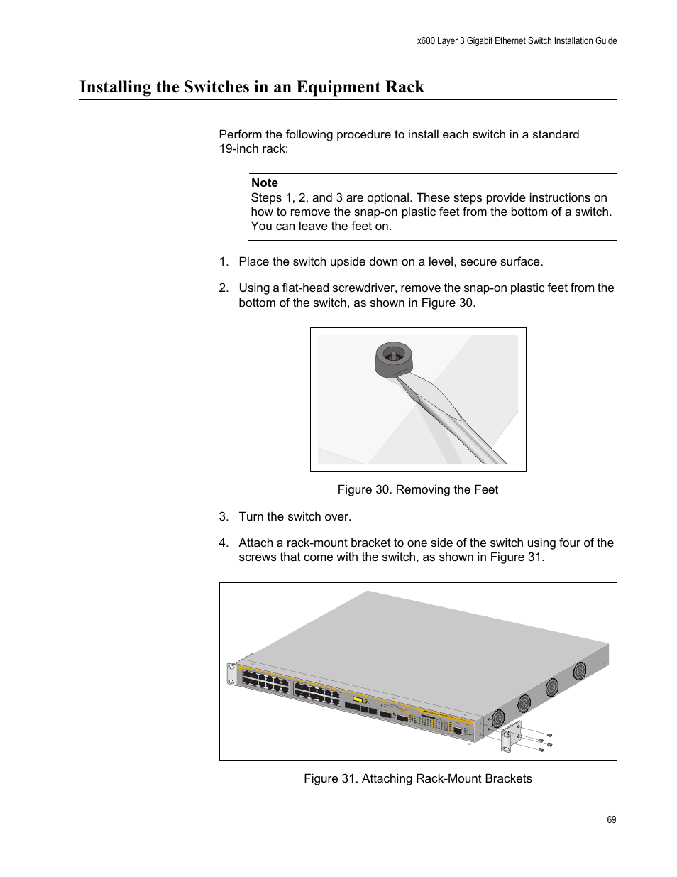 Installing the switches in an equipment rack | Allied Telesis Layer 3 Gigabit Ethernet Switch x600-24Ts-POE User Manual | Page 69 / 110