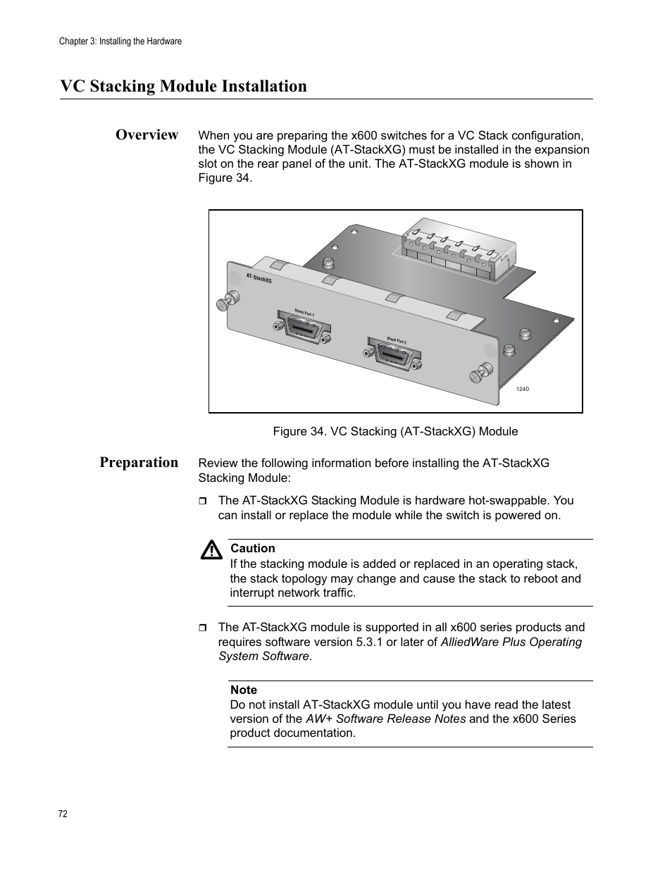 Vc stacking module installation, Overview, Preparation | Overview preparation, Figure 34. vc stacking (at-stackxg) module | Allied Telesis Layer 3 Gigabit Ethernet Switch x600-24Ts-POE User Manual | Page 72 / 110