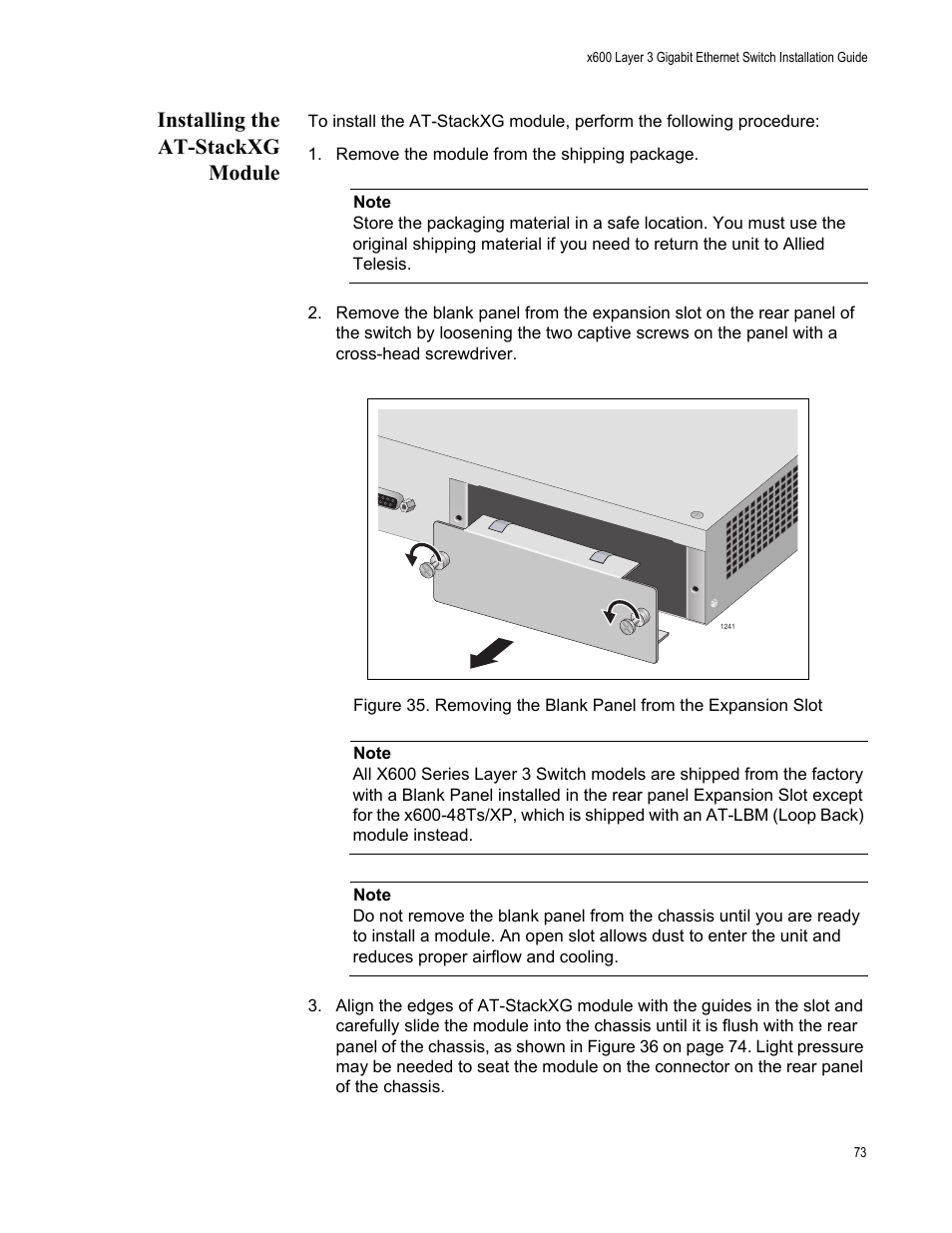 Installing the at-stackxg module | Allied Telesis Layer 3 Gigabit Ethernet Switch x600-24Ts-POE User Manual | Page 73 / 110