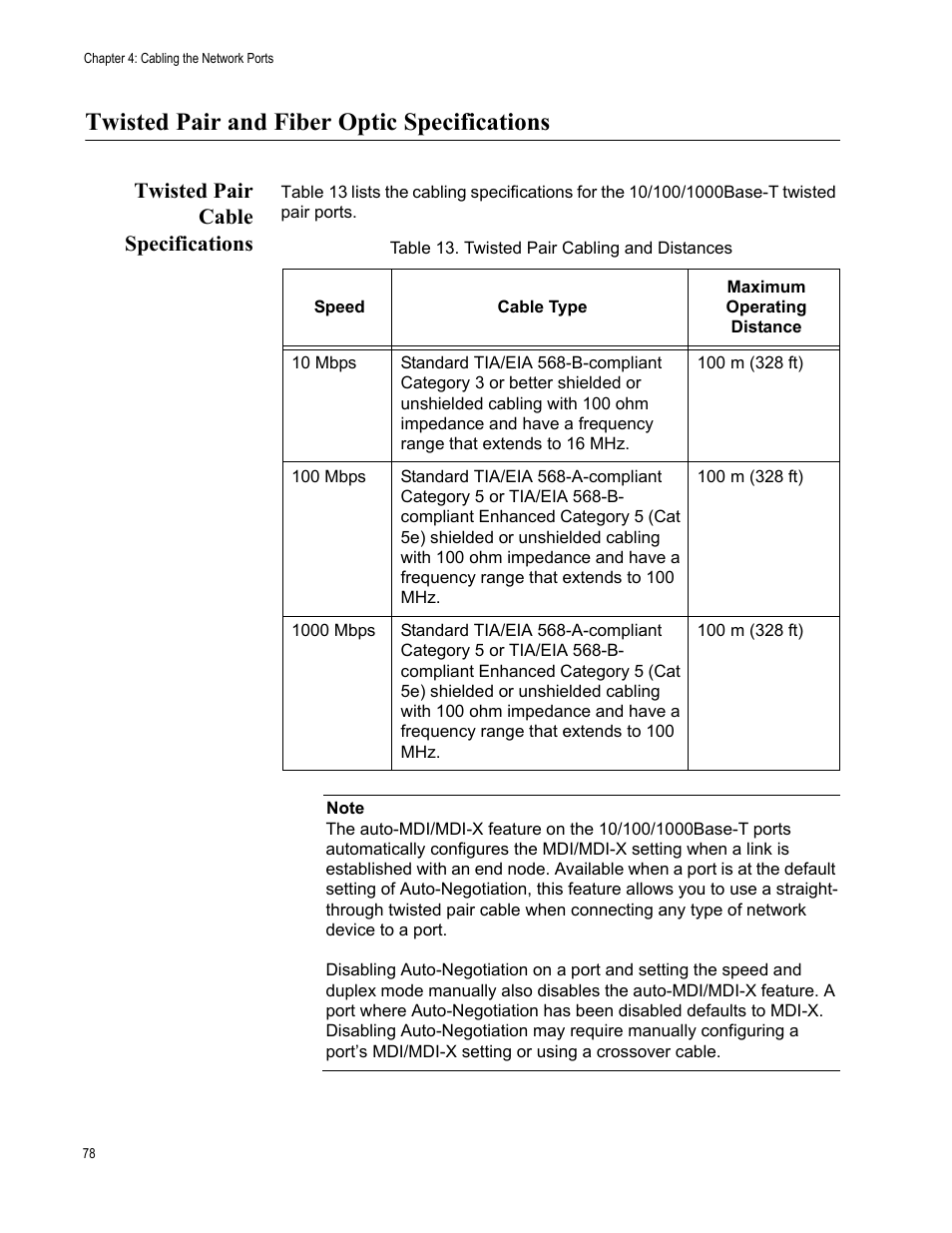 Twisted pair and fiber optic specifications, Twisted pair cable specifications, Table 13. twisted pair cabling and distances | Allied Telesis Layer 3 Gigabit Ethernet Switch x600-24Ts-POE User Manual | Page 78 / 110