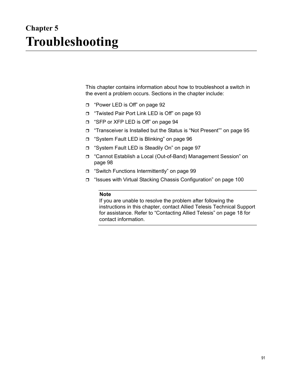 Chapter 5, Troubleshooting, R 5: troubleshooting | Allied Telesis Layer 3 Gigabit Ethernet Switch x600-24Ts-POE User Manual | Page 91 / 110