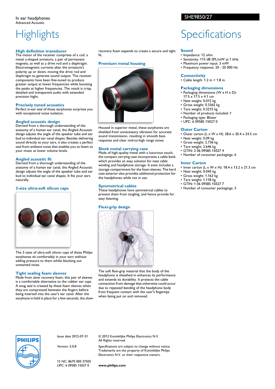 Highlights, Specifications | Philips SHE9850-27 User Manual | Page 2 / 2