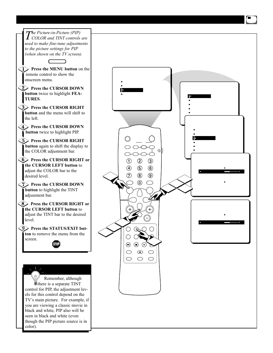 Pip – a, Djusting the, Olor and | Philips 32PT71B User Manual | Page 47 / 56