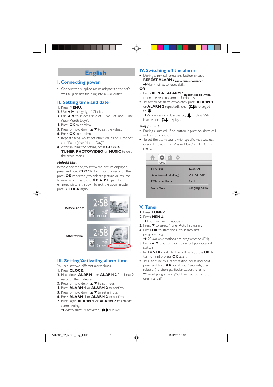 English, Iv. switching off the alarm, V. tuner | I. connecting power, Ii. setting time and date, Iii. setting/activating alarm time | Philips AJL308-17B User Manual | Page 2 / 3