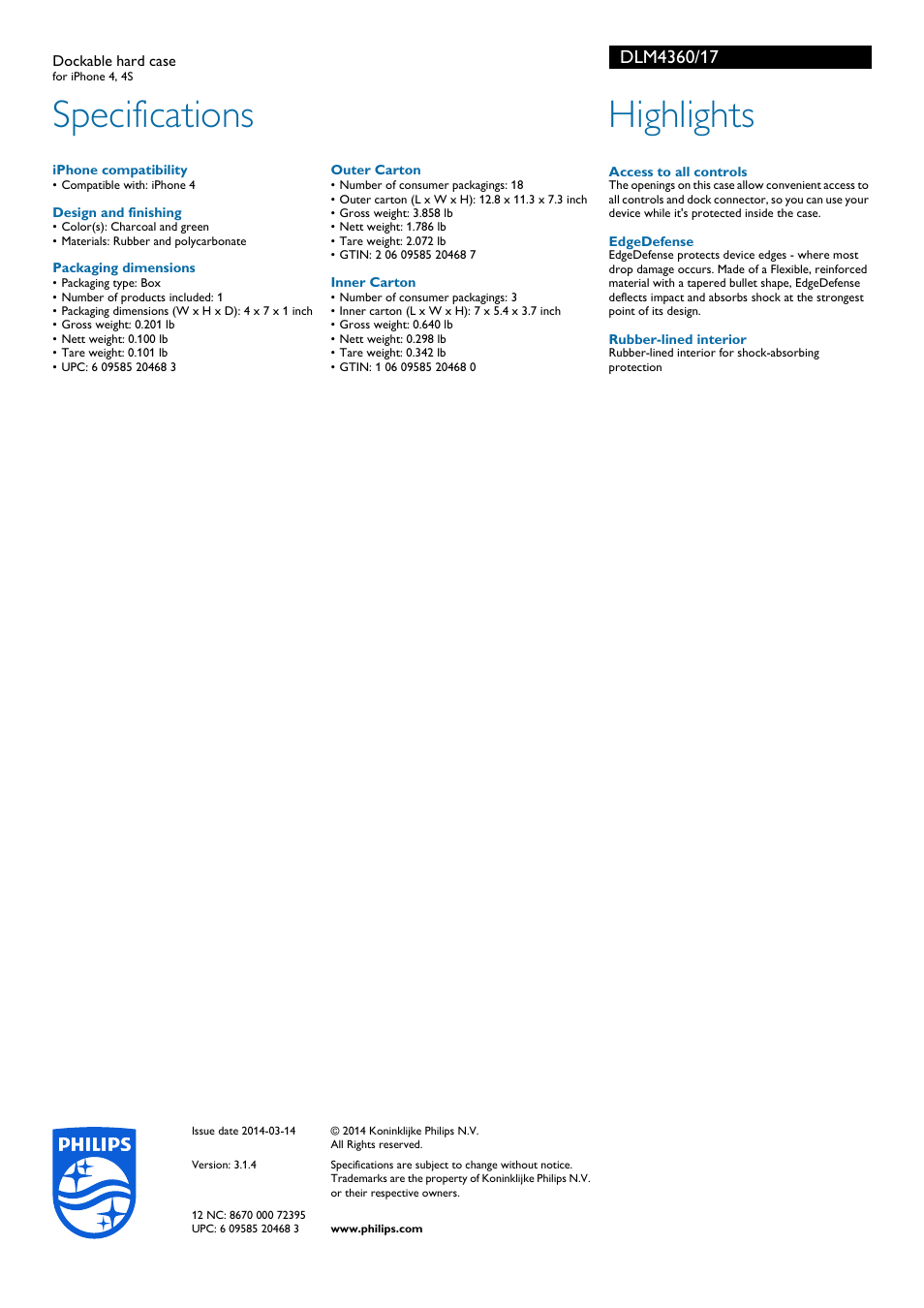 Specifications, Highlights | Philips DLM4360-17 User Manual | Page 2 / 2