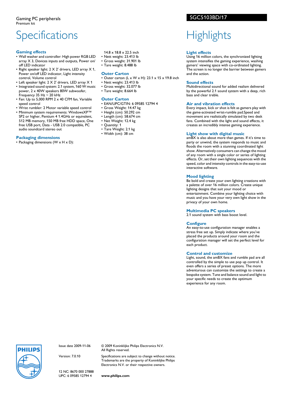 Specifications, Highlights | Philips SGC5103BD-17 User Manual | Page 2 / 2