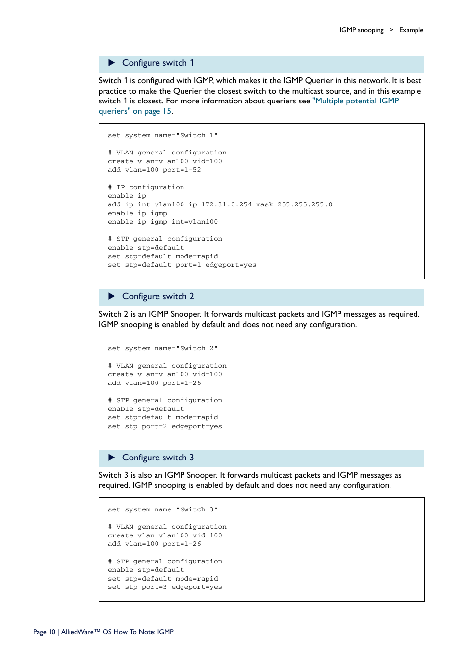 Configure switch 1, Configure switch 2, Configure switch 3 | Allied Telesis AR400 User Manual | Page 10 / 110