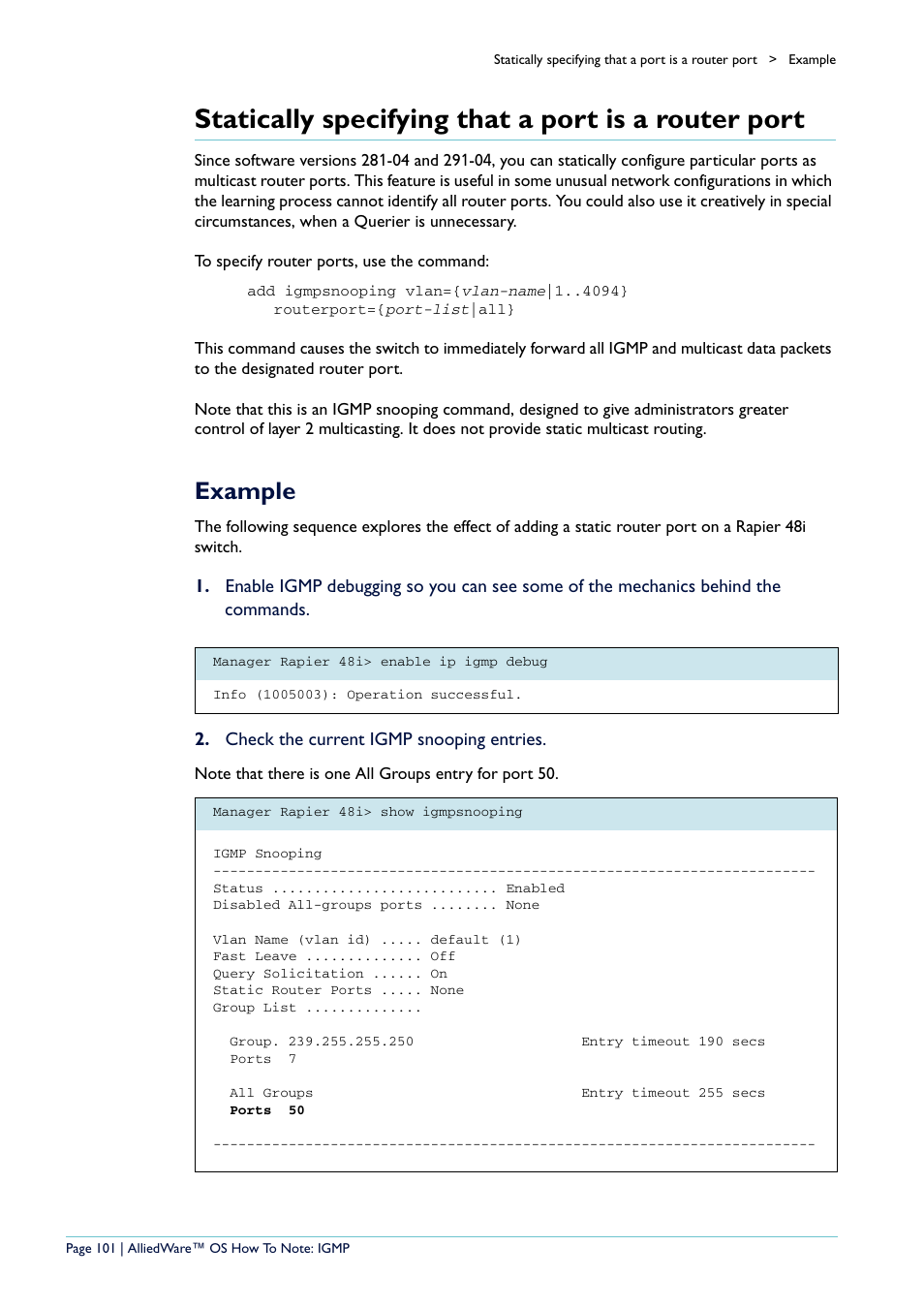 Statically specifying that a port is a router port, Example | Allied Telesis AR400 User Manual | Page 101 / 110