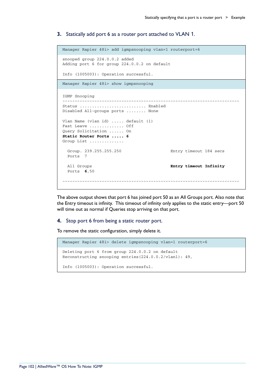 Stop port 6 from being a static router port | Allied Telesis AR400 User Manual | Page 102 / 110