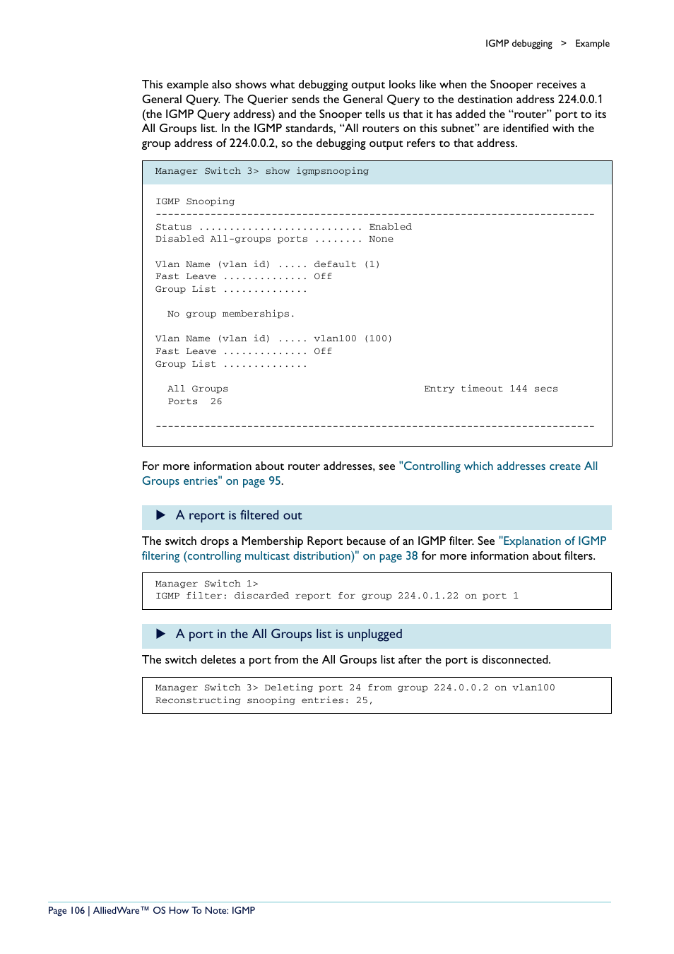 A report is filtered out, A port in the all groups list is unplugged | Allied Telesis AR400 User Manual | Page 106 / 110