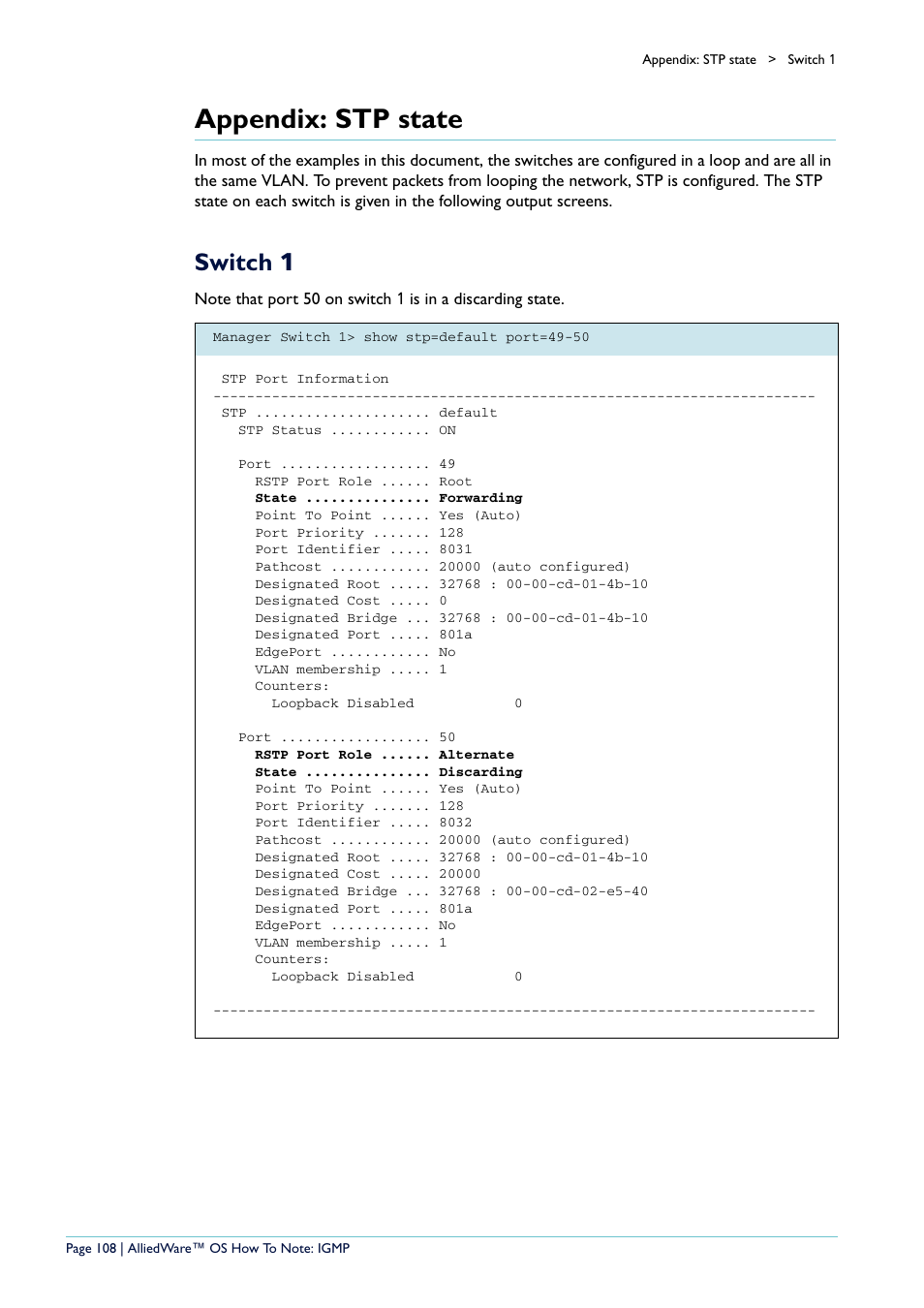 Appendix: stp state, Switch 1 | Allied Telesis AR400 User Manual | Page 108 / 110