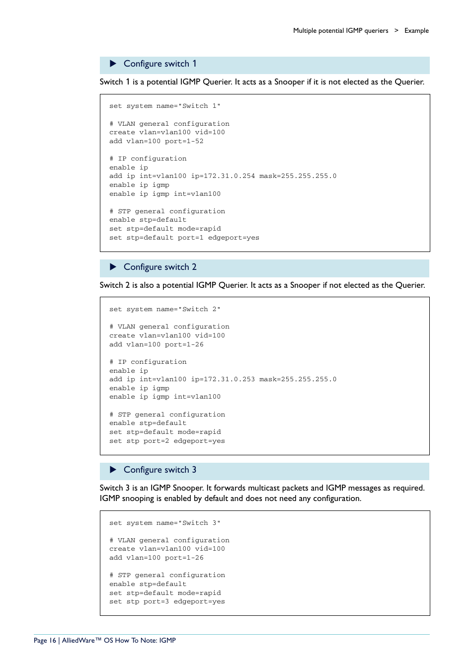 Configure switch 1, Configure switch 2, Configure switch 3 | Allied Telesis AR400 User Manual | Page 16 / 110