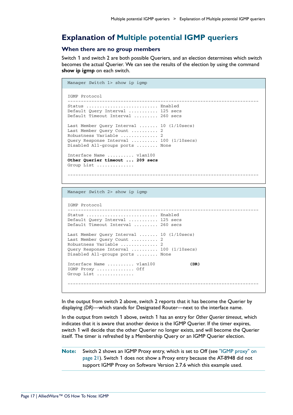 Explanation of multiple potential igmp queriers | Allied Telesis AR400 User Manual | Page 17 / 110