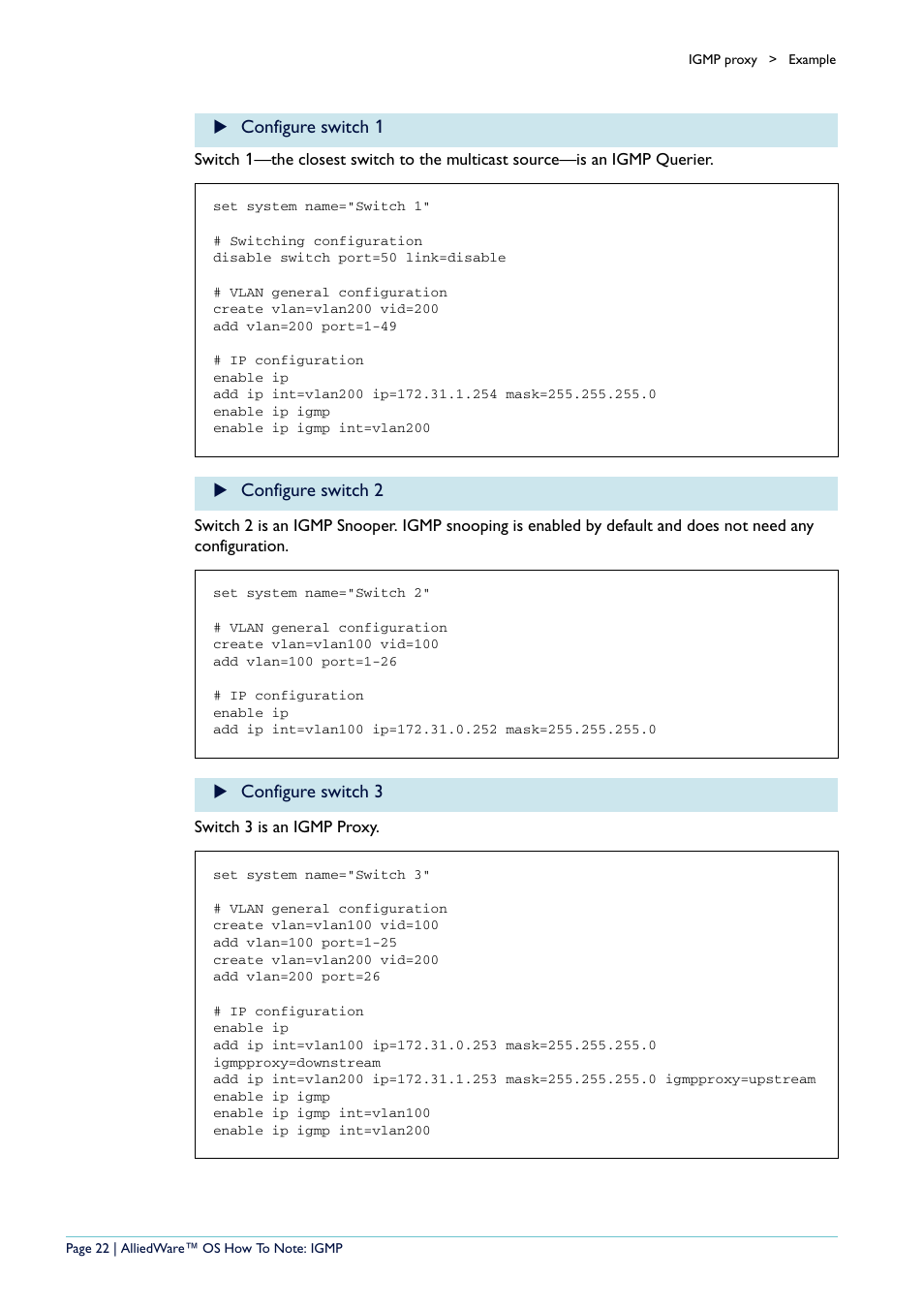 Configure switch 1, Configure switch 2, Configure switch 3 | Allied Telesis AR400 User Manual | Page 22 / 110