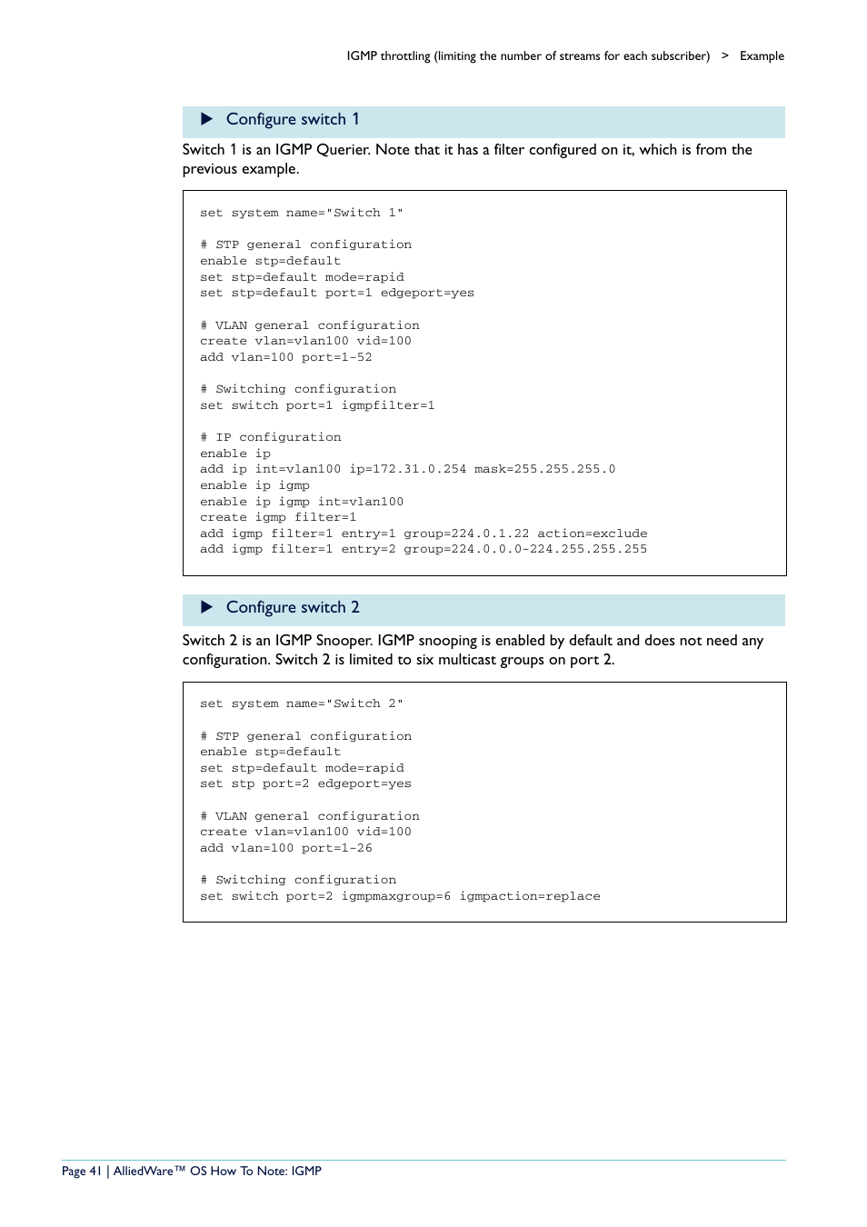 Configure switch 1, Configure switch 2 | Allied Telesis AR400 User Manual | Page 41 / 110