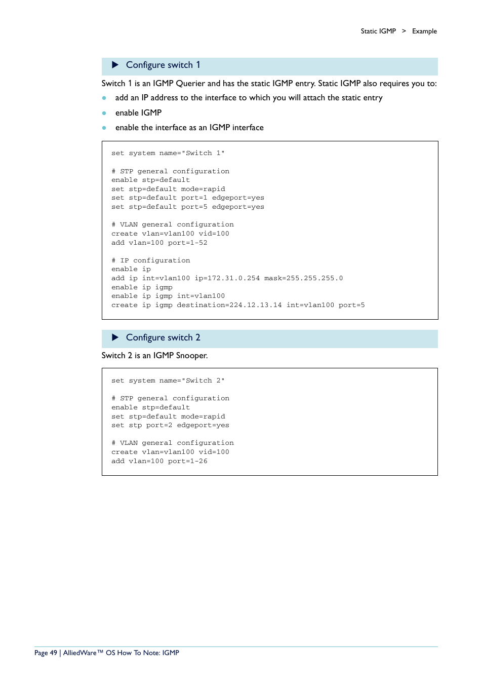 Configure switch 1, Configure switch 2 | Allied Telesis AR400 User Manual | Page 49 / 110