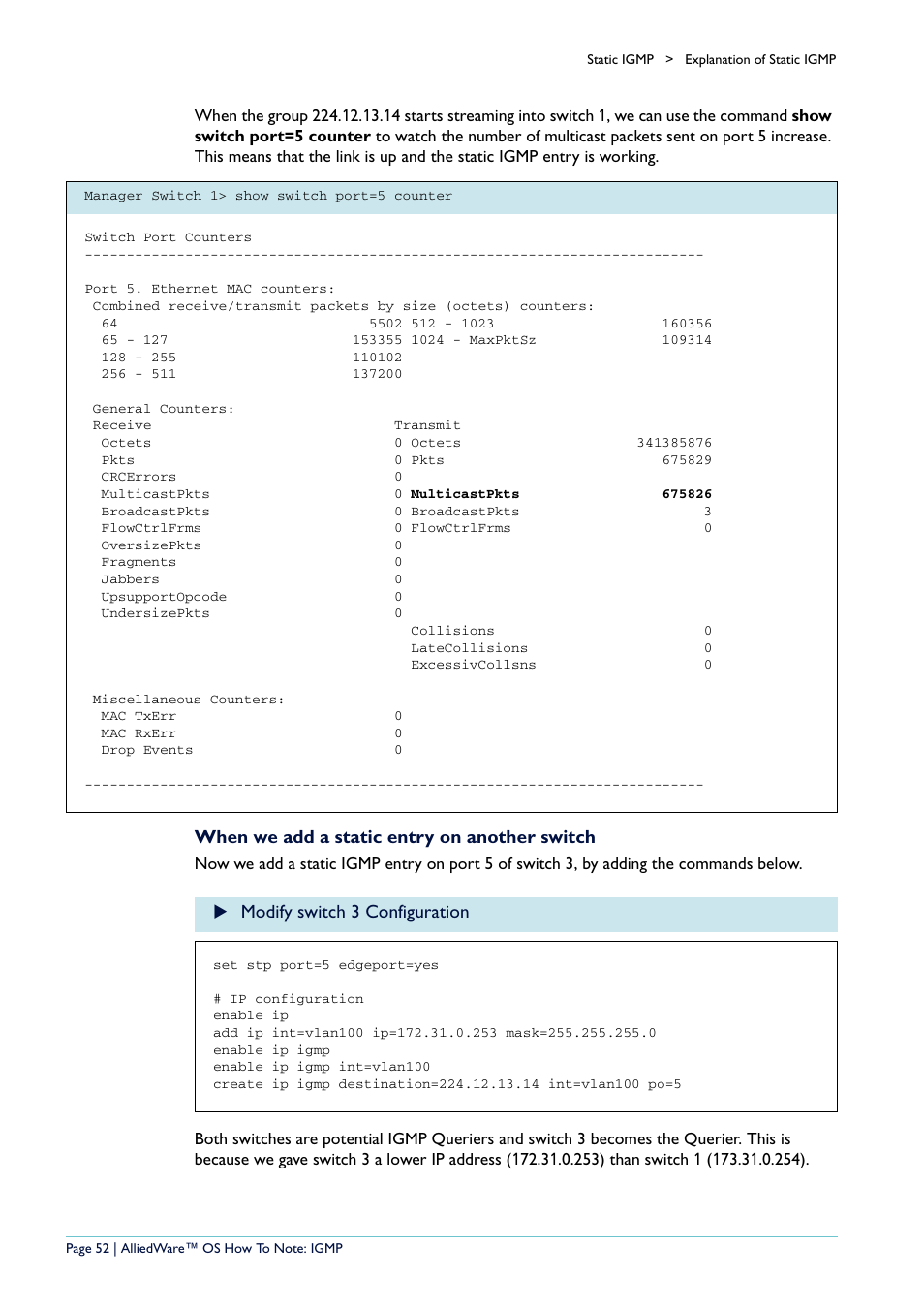 When we add a static entry on another switch, Modify switch 3 configuration | Allied Telesis AR400 User Manual | Page 52 / 110