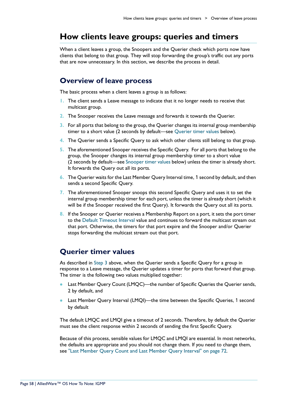 How clients leave groups: queries and timers, Overview of leave process, Querier timer values | Overview of leave process querier timer values | Allied Telesis AR400 User Manual | Page 58 / 110