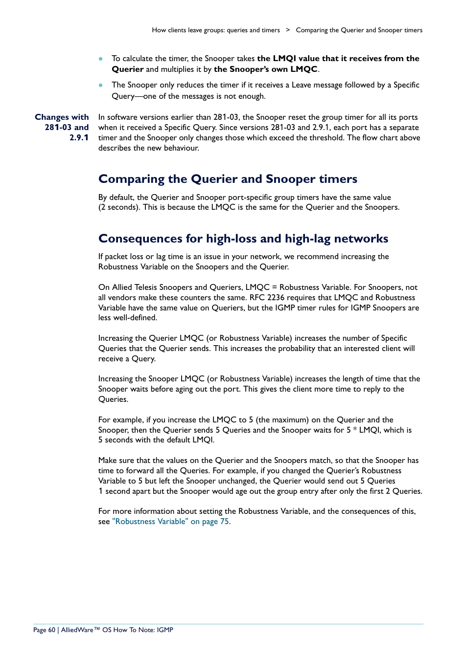 Comparing the querier and snooper timers, Consequences for high-loss and high-lag networks | Allied Telesis AR400 User Manual | Page 60 / 110