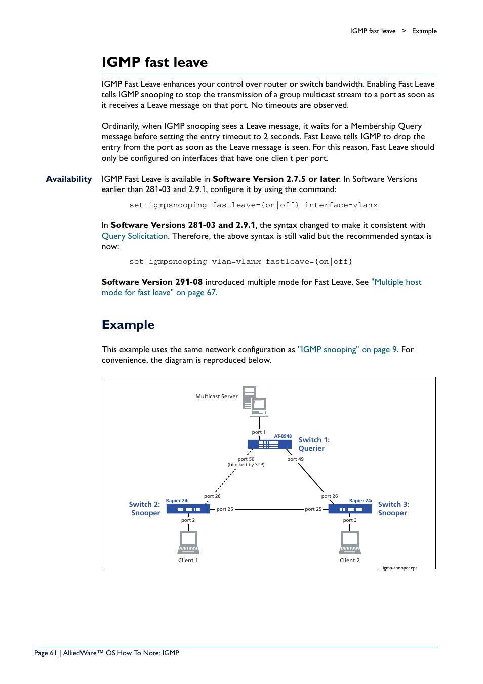 Igmp fast leave, Example | Allied Telesis AR400 User Manual | Page 61 / 110