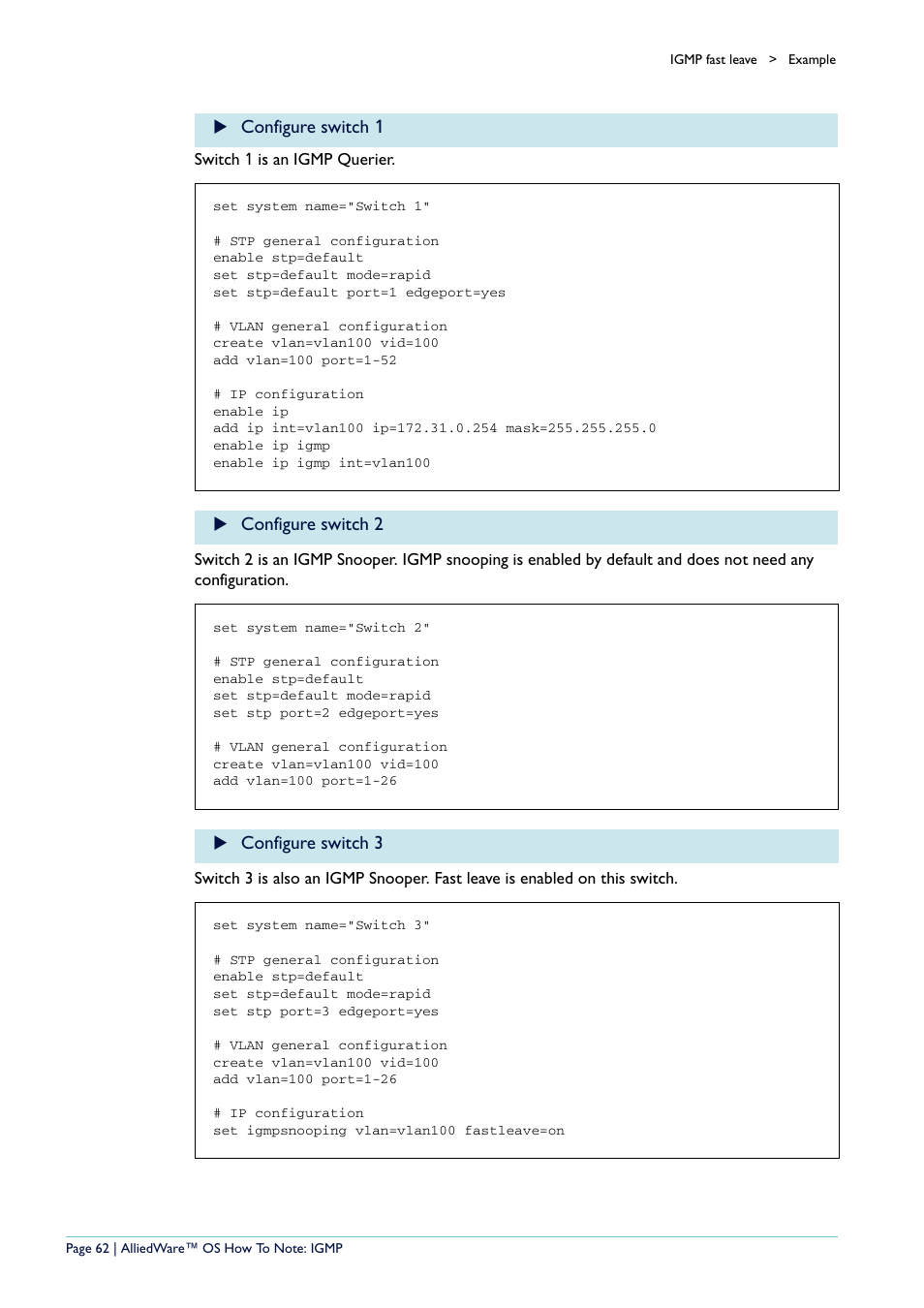 Configure switch 1, Configure switch 2, Configure switch 3 | Allied Telesis AR400 User Manual | Page 62 / 110