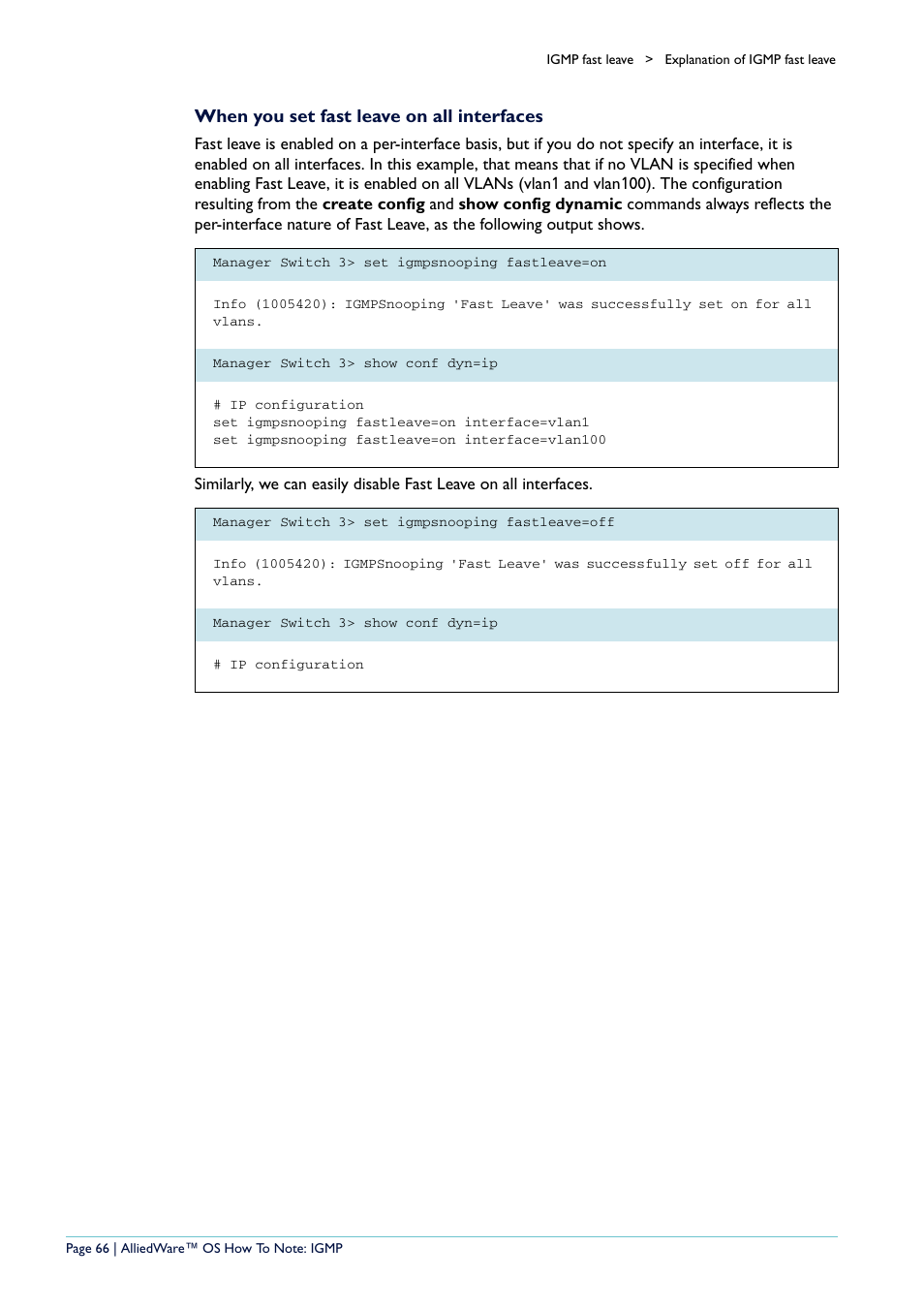 When you set fast leave on all interfaces | Allied Telesis AR400 User Manual | Page 66 / 110