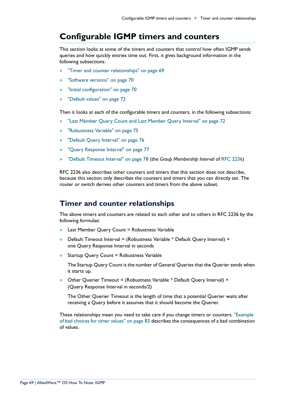 Configurable igmp timers and counters, Timer and counter relationships | Allied Telesis AR400 User Manual | Page 69 / 110