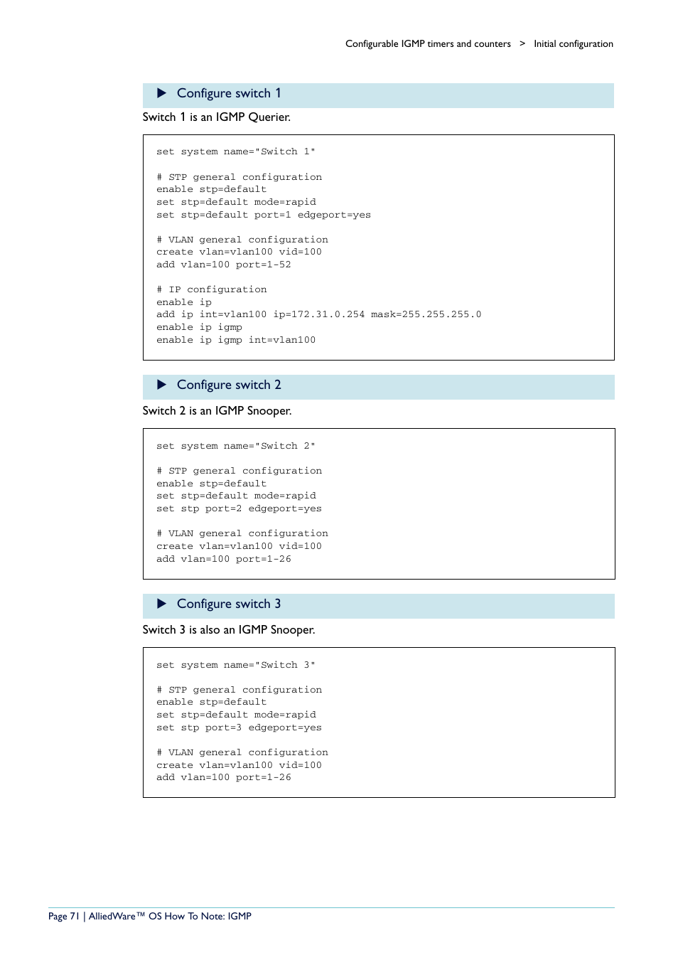 Configure switch 1, Configure switch 2, Configure switch 3 | Allied Telesis AR400 User Manual | Page 71 / 110