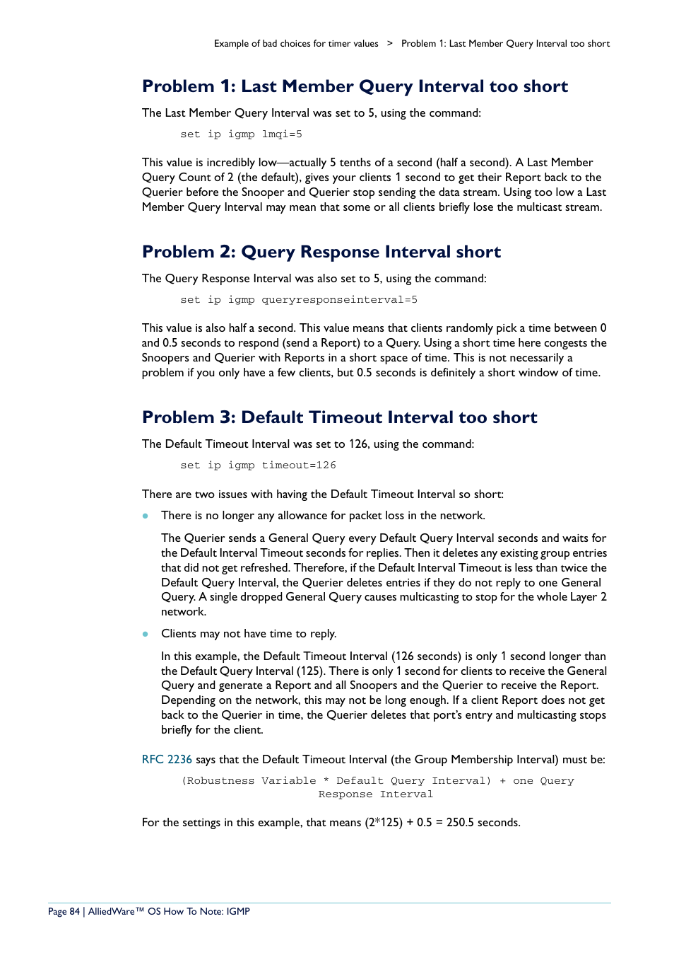 Problem 1: last member query interval too short, Problem 2: query response interval short, Problem 3: default timeout interval too short | Problem 1, Problem 2, Problem 3 | Allied Telesis AR400 User Manual | Page 84 / 110