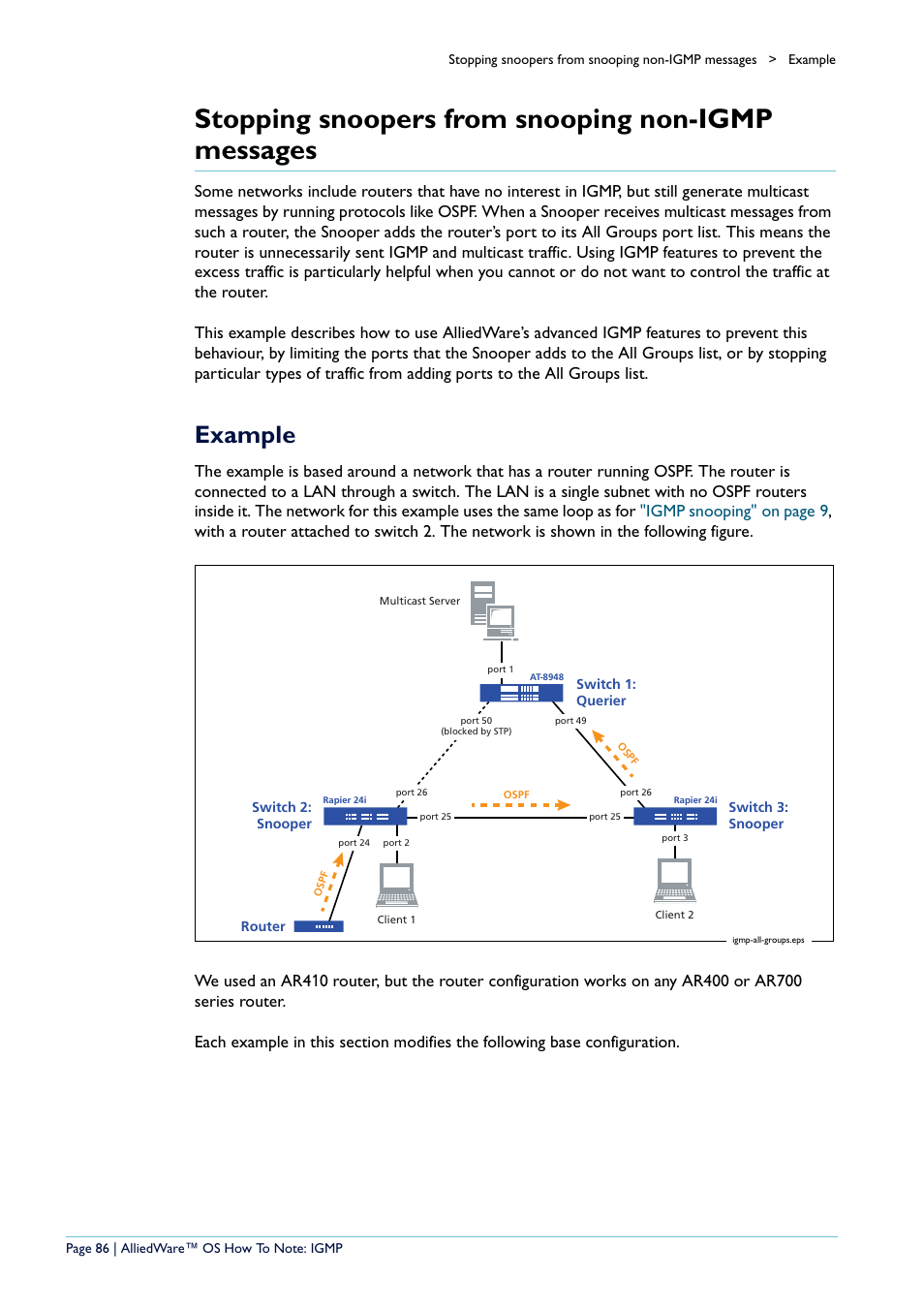 Stopping snoopers from snooping non-igmp messages, Example | Allied Telesis AR400 User Manual | Page 86 / 110