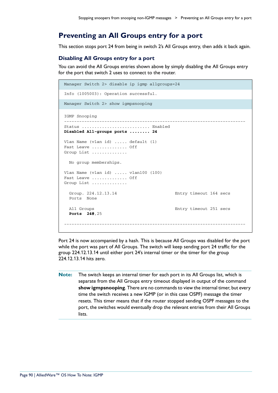 Preventing an all groups entry for a port, Disabling all groups entry for a port | Allied Telesis AR400 User Manual | Page 90 / 110