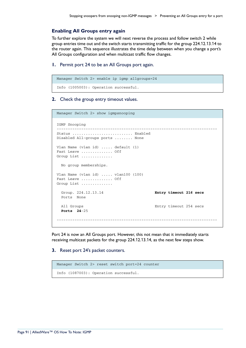 Enabling all groups entry again, Reset port 24’s packet counters | Allied Telesis AR400 User Manual | Page 91 / 110