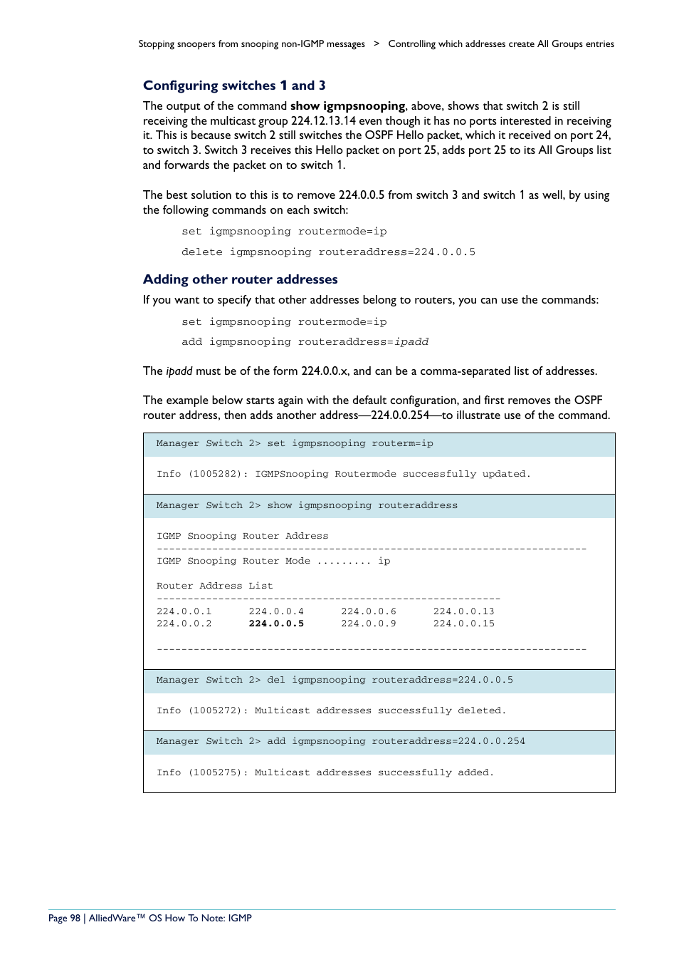 Configuring switches 1 and 3, Adding other router addresses | Allied Telesis AR400 User Manual | Page 98 / 110