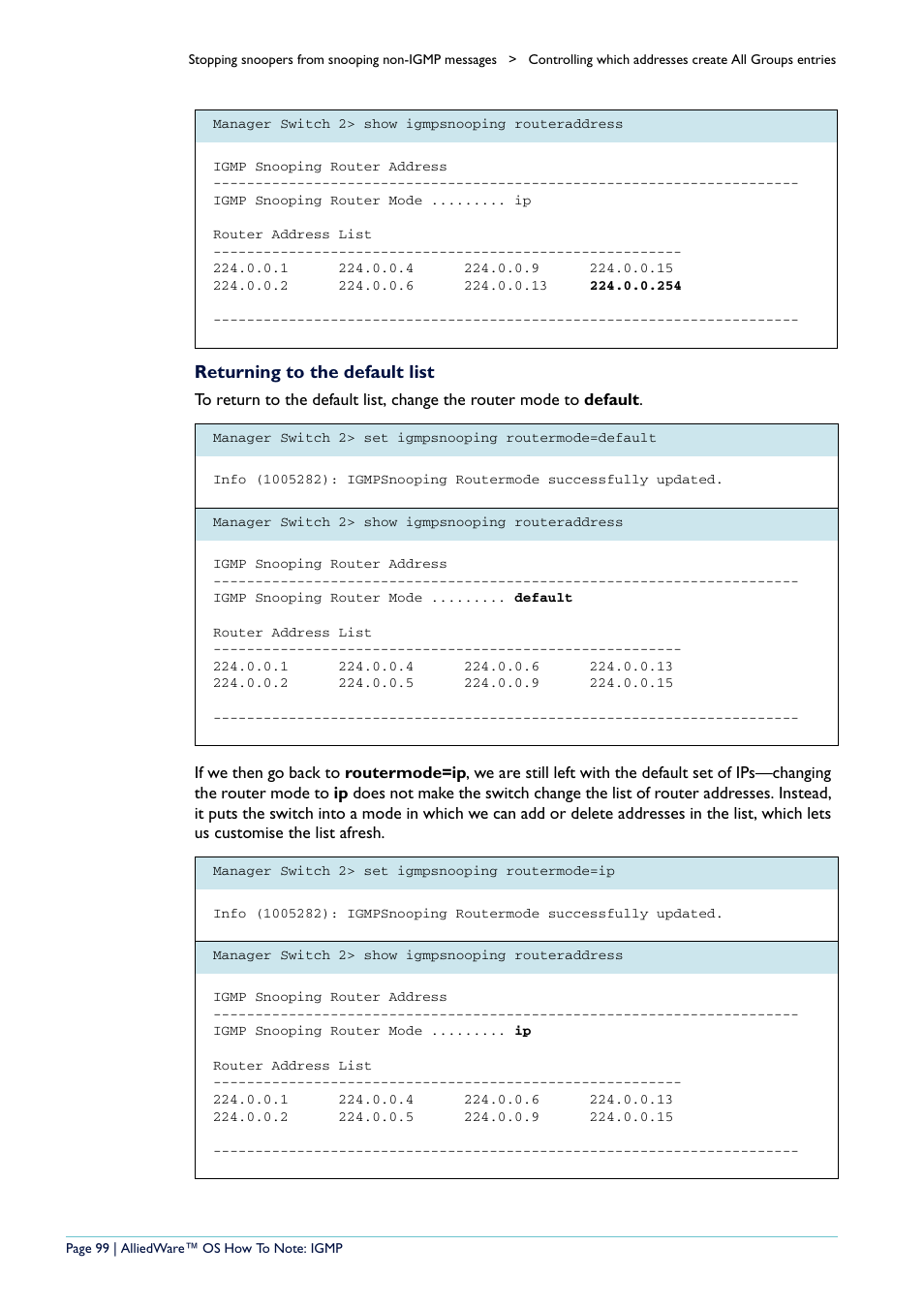 Returning to the default list | Allied Telesis AR400 User Manual | Page 99 / 110
