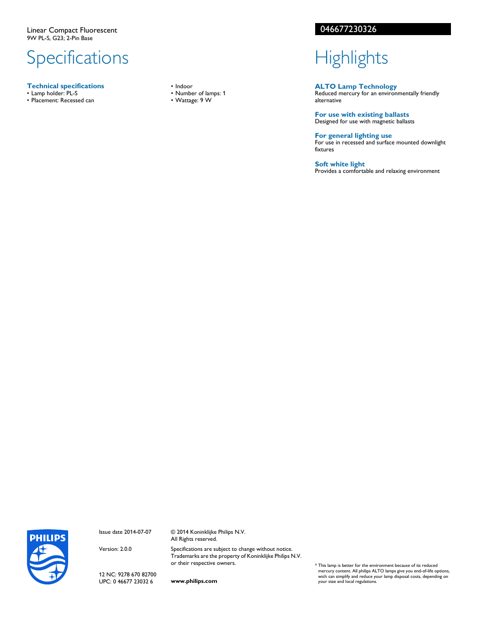 Specifications, Highlights | Philips 046677230326 User Manual | Page 2 / 2
