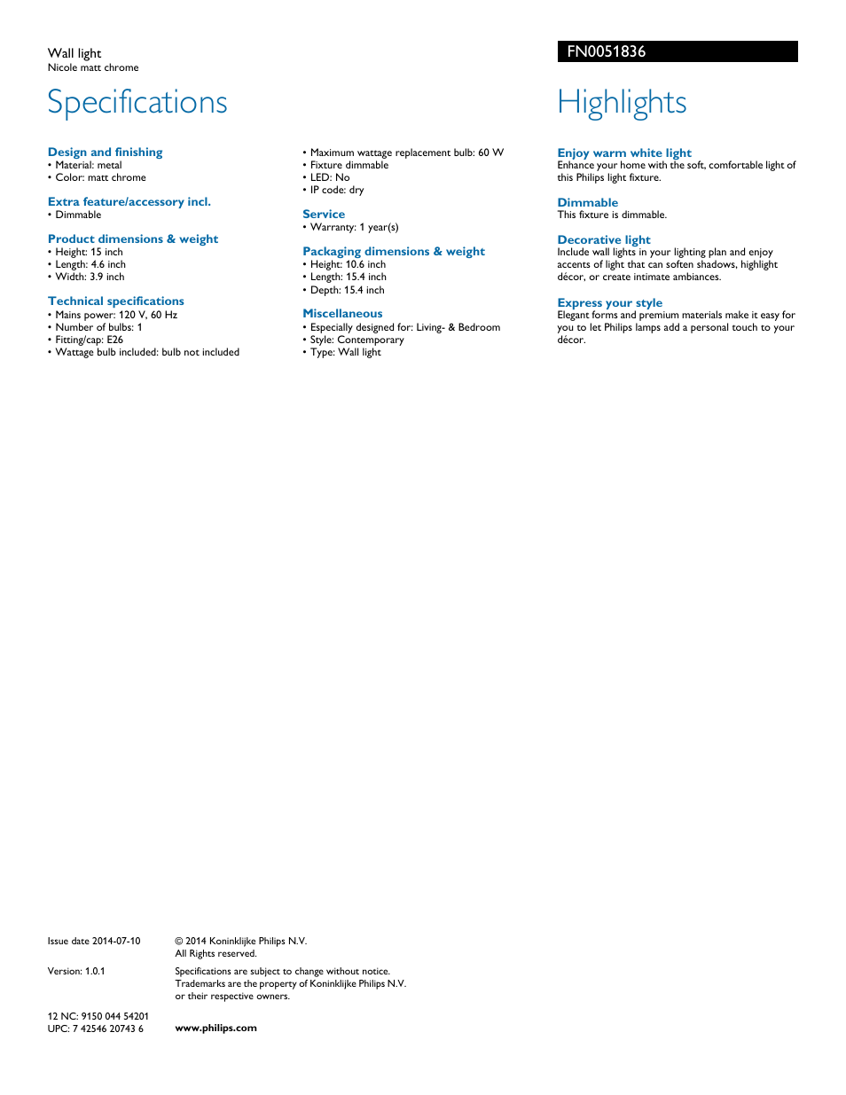 Specifications, Highlights | Philips FN0051836 User Manual | Page 2 / 2