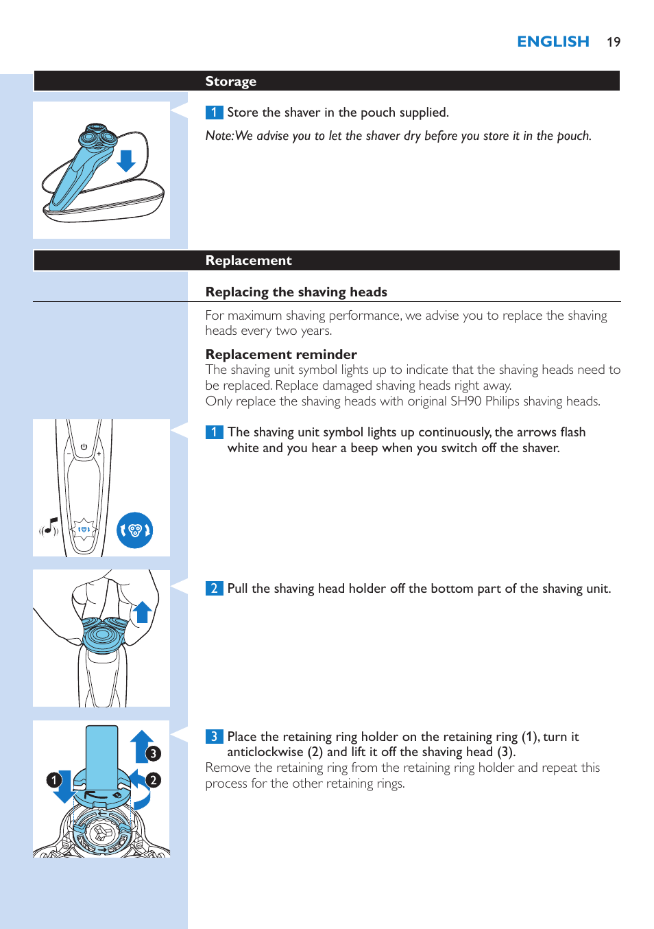 Philips Norelco SHAVER Series 9000 wet and dry electric shaver S9721-84 V-Track Precision Blades Contour Detect Technology SmartClean System PRO Digital User Interface with SmartClean System PRO and Aquatec Wet & Dry User Manual | Page 19 / 352