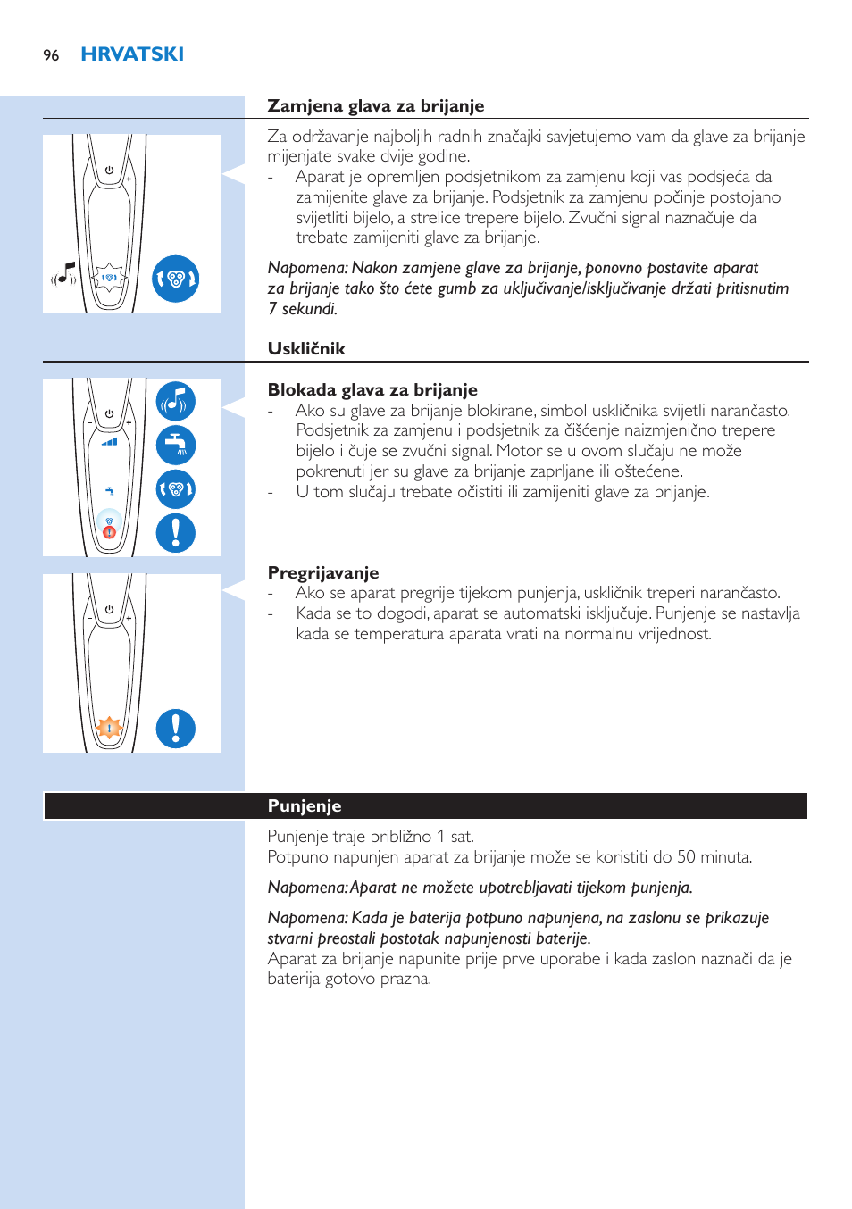 Philips Norelco SHAVER Series 9000 wet and dry electric shaver S9721-84 V-Track Precision Blades Contour Detect Technology SmartClean System PRO Digital User Interface with SmartClean System PRO and Aquatec Wet & Dry User Manual | Page 96 / 352