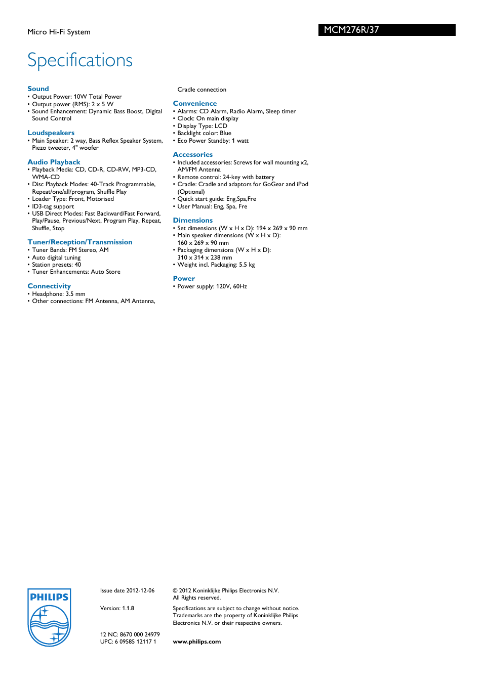 Specifications | Philips MCM276R-37B User Manual | Page 3 / 3