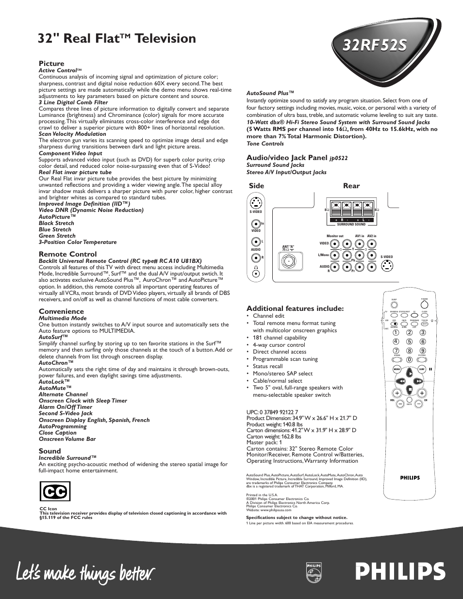 32rf 52s, 32 " real flat, Television | Picture, Remote control, Convenience, Sound, Audio/video jack panel, Additional features include, Side rear | Philips 32RF52S User Manual | Page 2 / 2