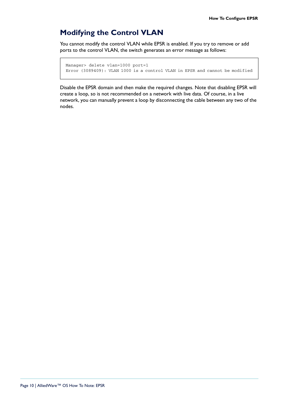 Modifying the control vlan, Changing, The settings for the control vlan | If y | Allied Telesis AlliedWare  OS User Manual | Page 10 / 56